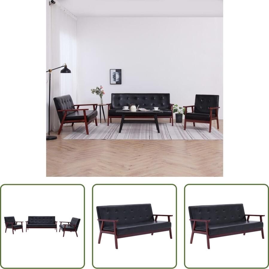 The Living Store Bankenset Kunstleren bekleding Massief houten frame 3-zitsbank Zwart Bankenset Salonmeubel Lederlook Zwarte Bank 3 Persoons Bank - Foto 2