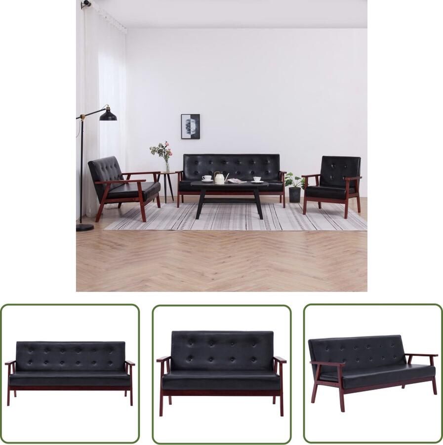 The Living Store Bankenset Kunstleren bekleding Massief houten frame 3-zitsbank Zwart Bankenset Salonmeubel Lederlook Zwarte Bank 3 Persoons Bank - Foto 3