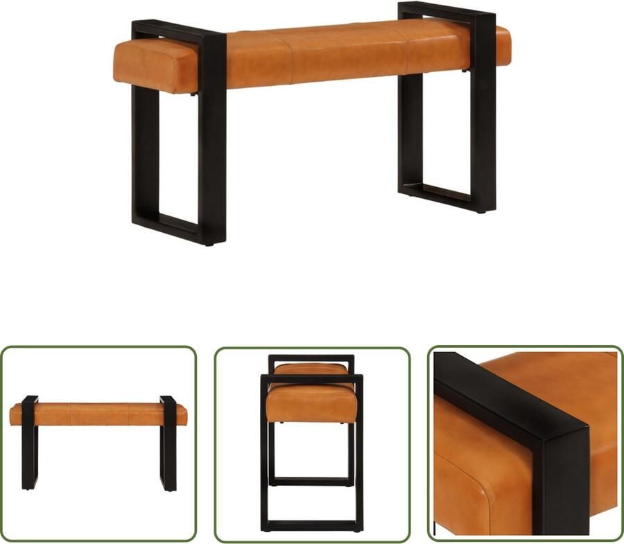 The Living Store Bankje 110 cm echt geitenleer zwart en bruin Halbankje Lederen Bankje Geitenleer Bank Salonbankje Eetkamerbank - Foto 2