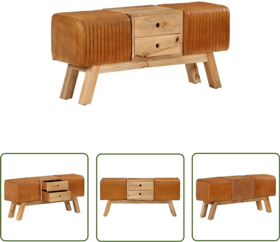 The Living Store Bankje turnbok 107 cm echt geitenleer massief mangohout bruin Vintage Bankje Lederen Bankje Mango Hout Bankje Salontafel Bankje Keukenbankje