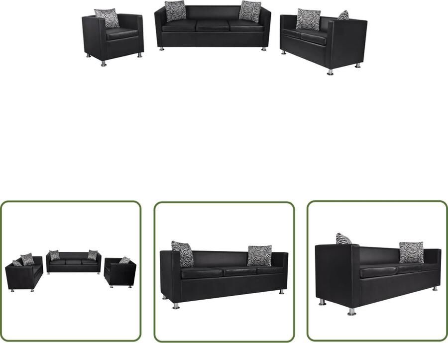 The Living Store Bankstel Kubus Zwart Houten Frame Kunstleren Bekleding 170 x 62.5 x 63 cm Inclusief Kussens Bankstel Lederlook Zwart Loungehoek Modern - Foto 2