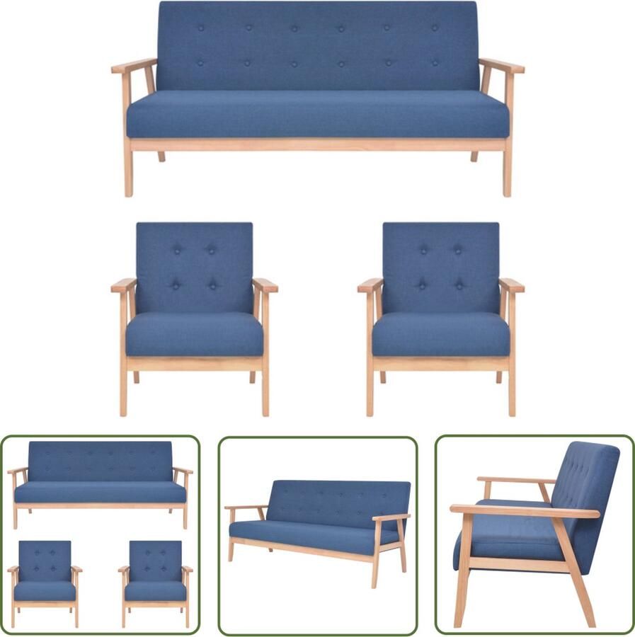 The Living Store Bankstel Modern Polyester Blauw 2 Fauteuils en 1 Bank Houten Frame Afmetingen Fauteuil- 64.5 x 67 x 73.5 cm Afmetingen Bank- 158 x 67 x 73.5 cm Bankstel Sofa Loungebank Woonkamermeubel Blauwwoonkamerinrichting - Foto 3