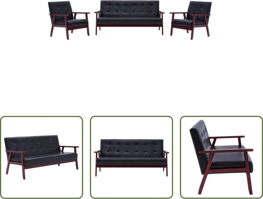 The Living Store Bankstel Zwart 3-zitsbank en 2 fauteuils Massief houten frame Kunstleer Bankstel Lederlook Zwarte Bank Salontafel Zitzitting - Foto 2