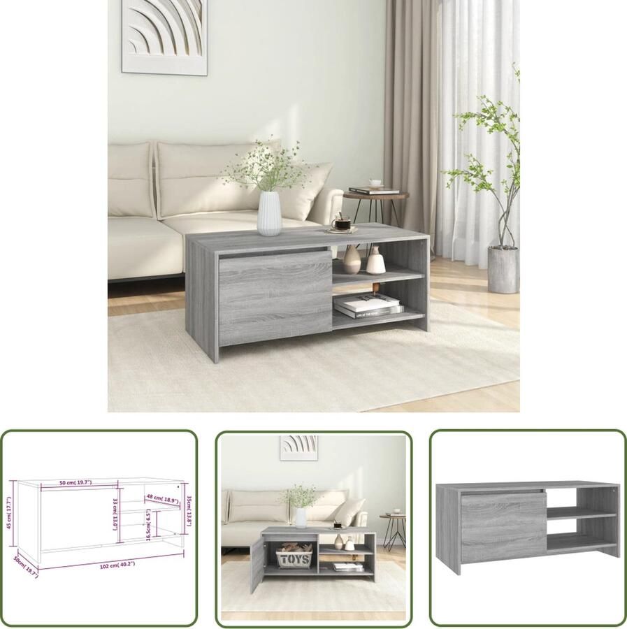 The Living Store Banktafel Grijs Sonoma Eiken 102 x 50 x 45 cm Bewerkt Hout - Foto 2