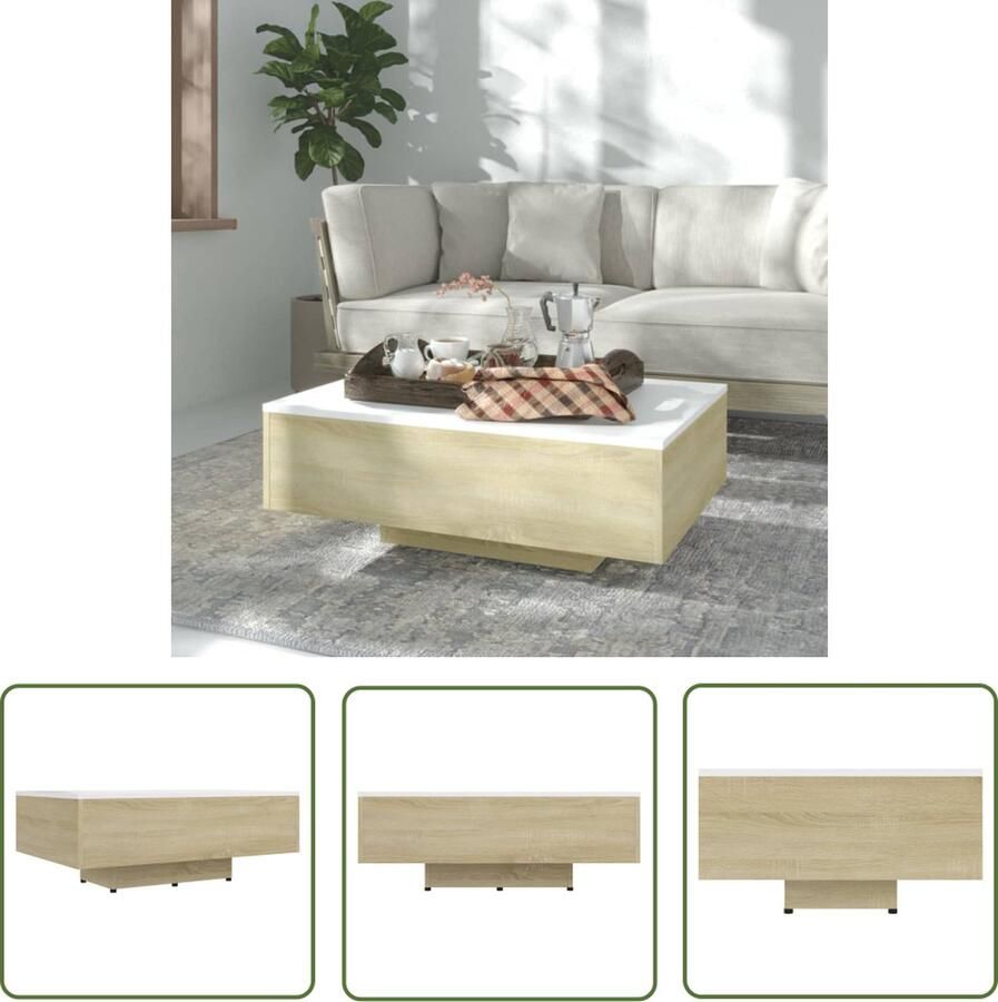 The Living Store Banktafel Spaanplaat 85 x 55 x 31 cm Wit en Sonoma Eiken Salontafel Banktafel Houten Tafel Witte Tafel Eiken Tafel - Foto 2