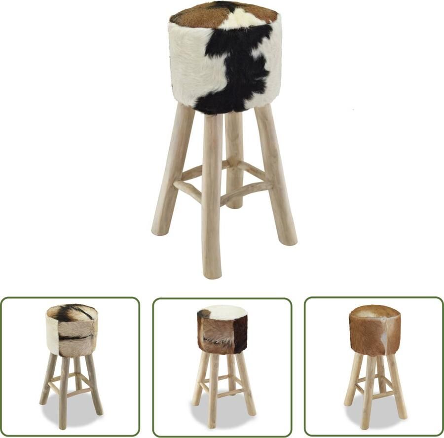 The Living Store Barkruk Geitenleer Teakhouten Frame Rustieke Uitstraling 35 x 35 x 76cm Koeienleer Patroon Barstoel Barkruk Teak Meubilair Lederen Stoel Vintage Stoel - Foto 3