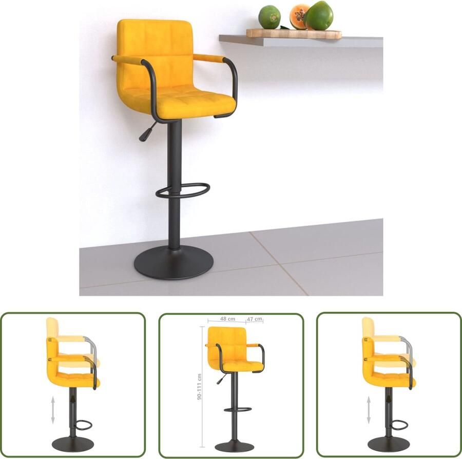 The Living Store Barkruk Fluweel Mosterdgeel Gepoedercoat Staal Verstelbaar 48 x 47 x (90-111) cm Barstoelen Barkrukken Stoffen Barkrukken Fluweelbarkrukken Gele Barkrukken