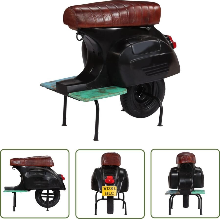 The Living Store Vintage Motor Barstoel Echt geitenleer Massief gerecycled hout Gepoedercoat staal 98 x 52 x 87 cm Vintage Barstoel Motorbarstoel Lederen Barstoel Industrieel Meubilair Retro Barstool