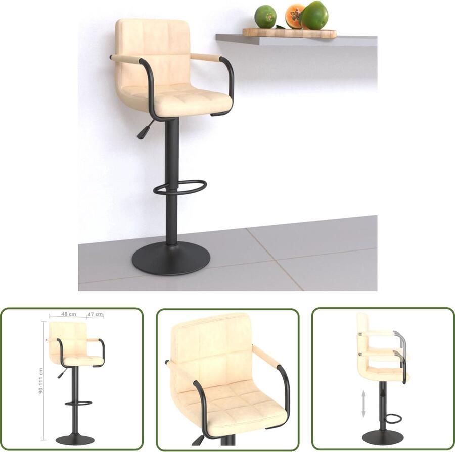 The Living Store Barkruk Velvet 48x47x(90-111) cm Crème Zwart Staal Barstoelen Barkrukken Stoelen Lounge Stoelen Design Meubels