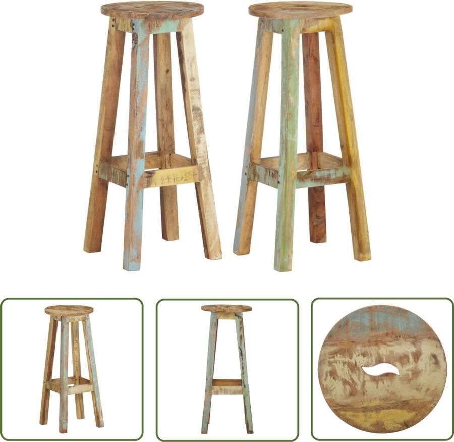 The Living Store Barkrukken 2 st massief gerecycled hout Houten Barkrukken Vintage Barkrukken Industriële Barkrukken Recycled Meubels Eco Vriendelijke Stoelen