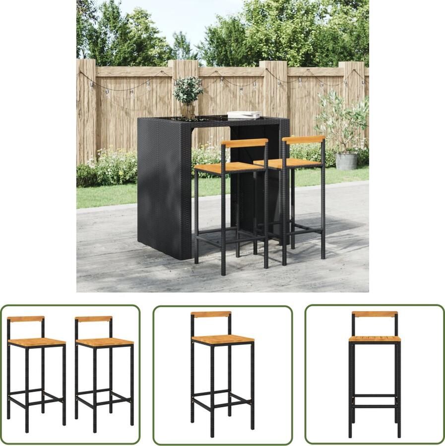 The Living Store Barkrukken 2 st poly rattan en massief acaciahout zwart Barstoelen Barkrukken Eetkamerstoelen Outdoor Stoelen Tuinmeubels - Foto 2