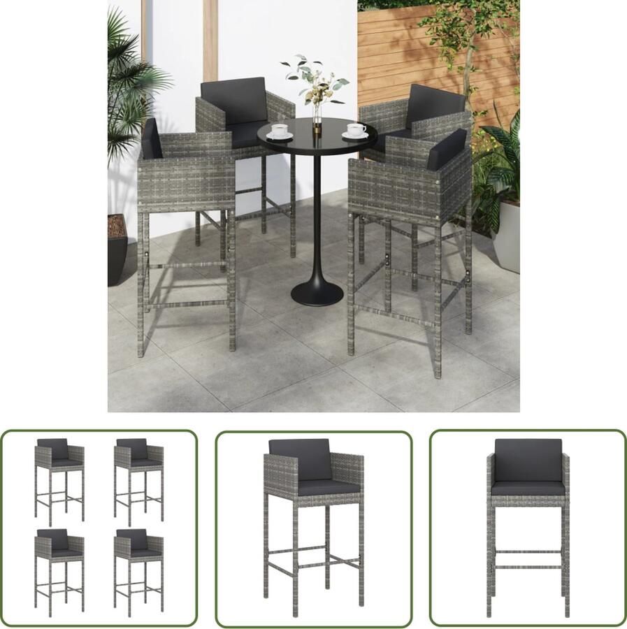 The Living Store Barkrukken PE-Rattan Grijs 4 Stuks 50 x 48 x 100 cm Weerbestendig Comfortabel zitcomfort Barkrukken Eetkamerstoelen Outdoor Meubels Terrasmeubilair Lounge Stoelen