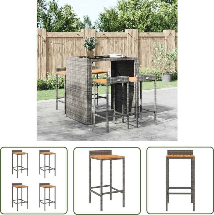 The Living Store Barkrukken 4 st poly rattan en massief acaciahout grijs Barstoelen Barkrukken Outdoor Meubilair Tuinmeubelen Eetkamer Stoelen - Foto 2