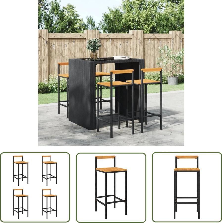 The Living Store Barkrukken 4 st poly rattan en massief acaciahout zwart Barstoelen Barkrukken Eetkamerstoelen Outdoor Meubilair Tuinmeubels - Foto 2