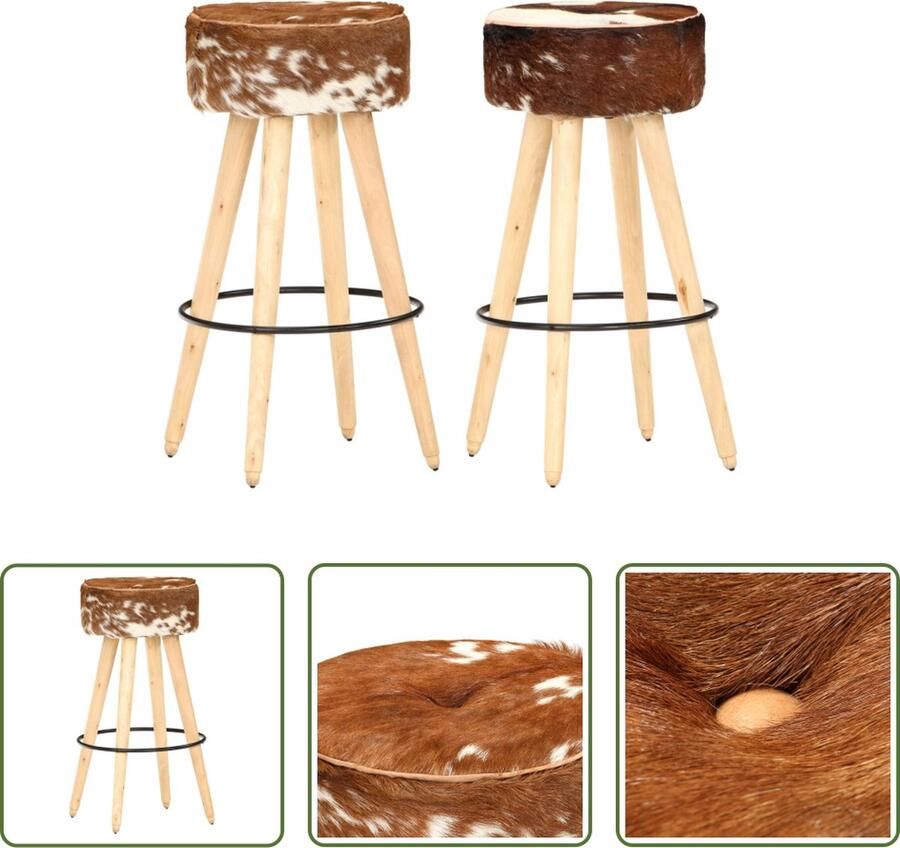 The Living Store Barkrukken 41 x 41 x 75 cm Harig geitenleer en mangohout Barstoel Barkruk Eetkamerstoel Keukenstoel Lederen Barkruk - Foto 2