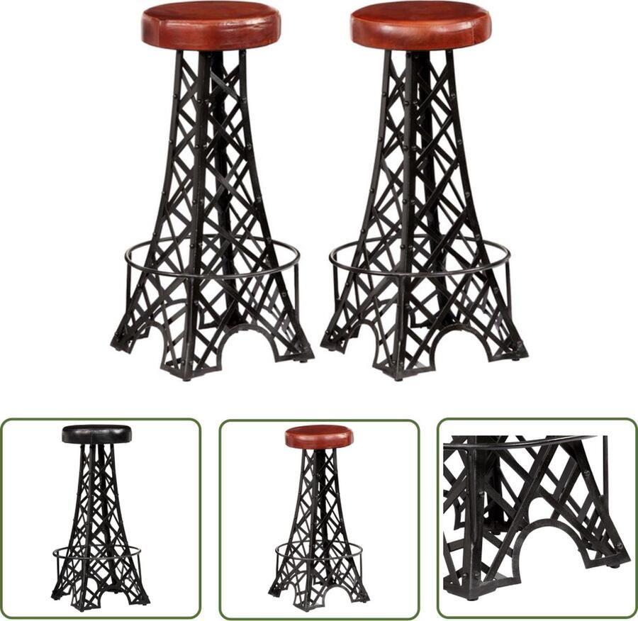 The Living Store Barkrukken Echt leer Eiffeltoren design set van 2 Bruin Zwart 40x40x76 cm Barstühlen Barkrukken Echte Leer Meubels Industrieel Design Eiffeltorentaburen - Foto 2
