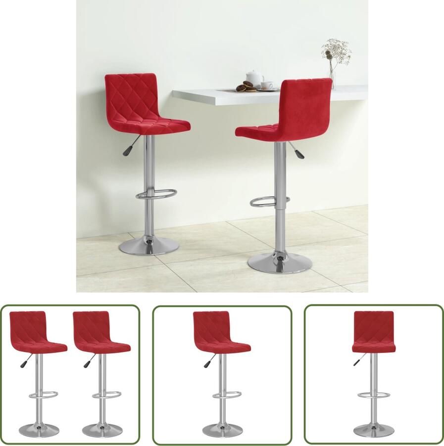 The Living Store Barkrukken Fluweel Verchroomd stalen frame Verstelbaar Wijnrood Barstoel Barkruk Fluweel Stoel Rode Stoel Lounge Stoel - Foto 2