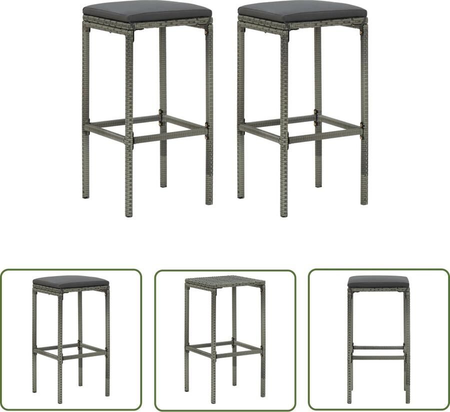 The Living Store Barkrukken Rattan 38x38x76 cm Grijs Inclusief zitkussen Set van 2 Barstoelen Barkrukken Bistro Stoelen Outdoor Meubilair Tuinset - Foto 2