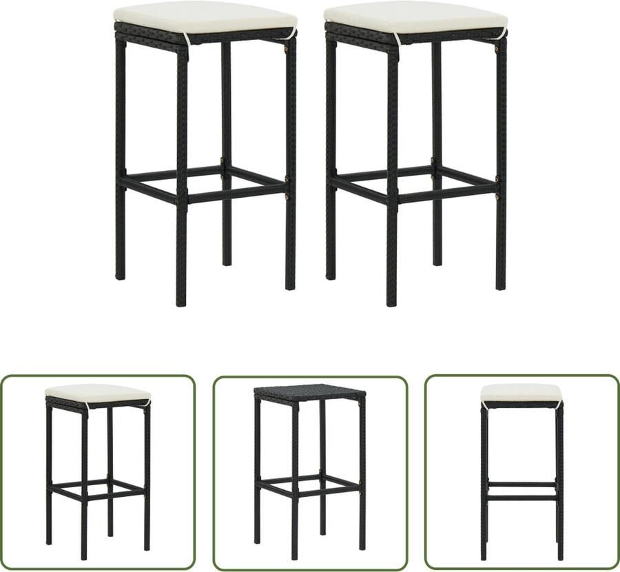 The Living Store Barkrukken Set van 2 PE-Rattan Zwart 38x38x76cm Crèmewit Kussen Barstoelen Barkrukken Bistro Stoelen Eetkamerstoelen Outdoor Meubels - Foto 2