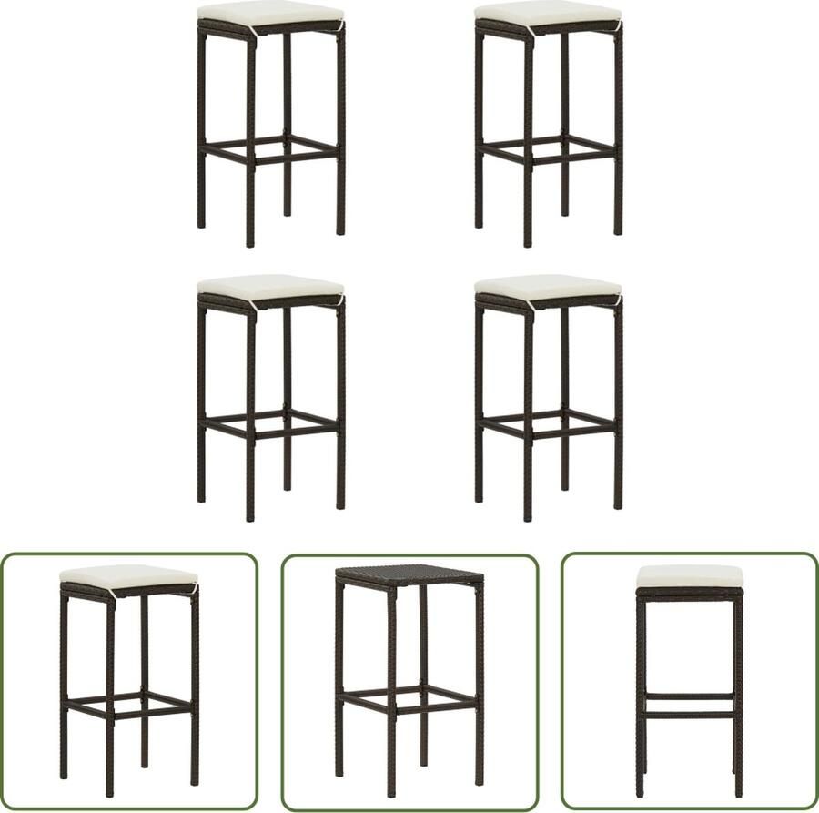 The Living Store Barkrukken Set van 4 PE-rattan staal Bruin Crèmewit kussen 38 x 38 x 76 cm Barstoelen Barkrukken Keuken Stoelen Eetkamerstoelen Outdoor Meubilair - Foto 3
