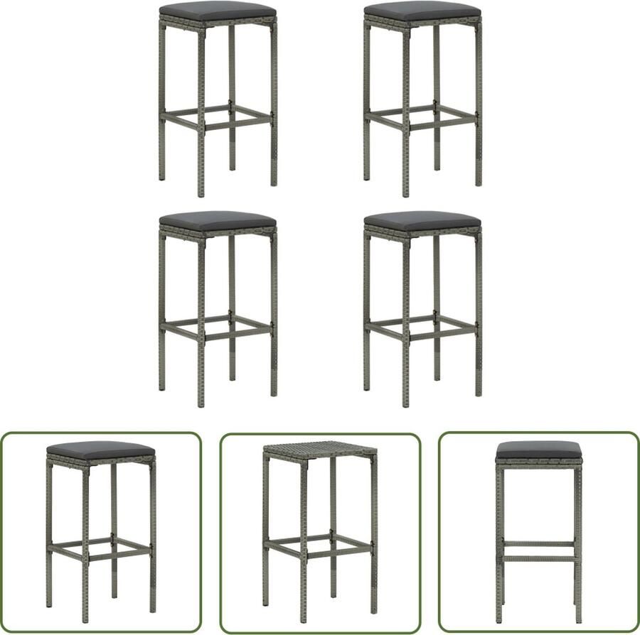 The Living Store Barkruk Set van 6 Grijs 38 x 38 x 76 cm PE-rattan en staal Polyester kussen Montage vereist Barstoelen Barkrukken Bistro Stoelen Eetkamerstoelen Outdoor Meubels - Foto 3