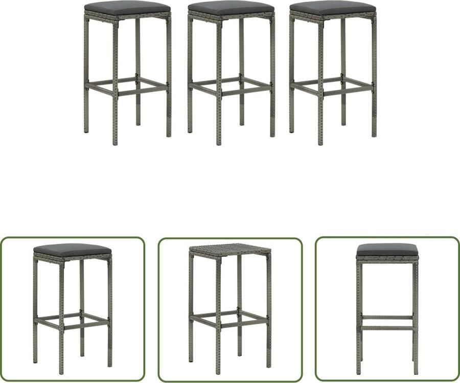 The Living Store Barkrukken Rattan 38x38x76 cm Grijs Inclusief zitkussen Set van 2 Barstoelen Barkrukken Bistro Stoelen Outdoor Meubilair Tuinset - Foto 3