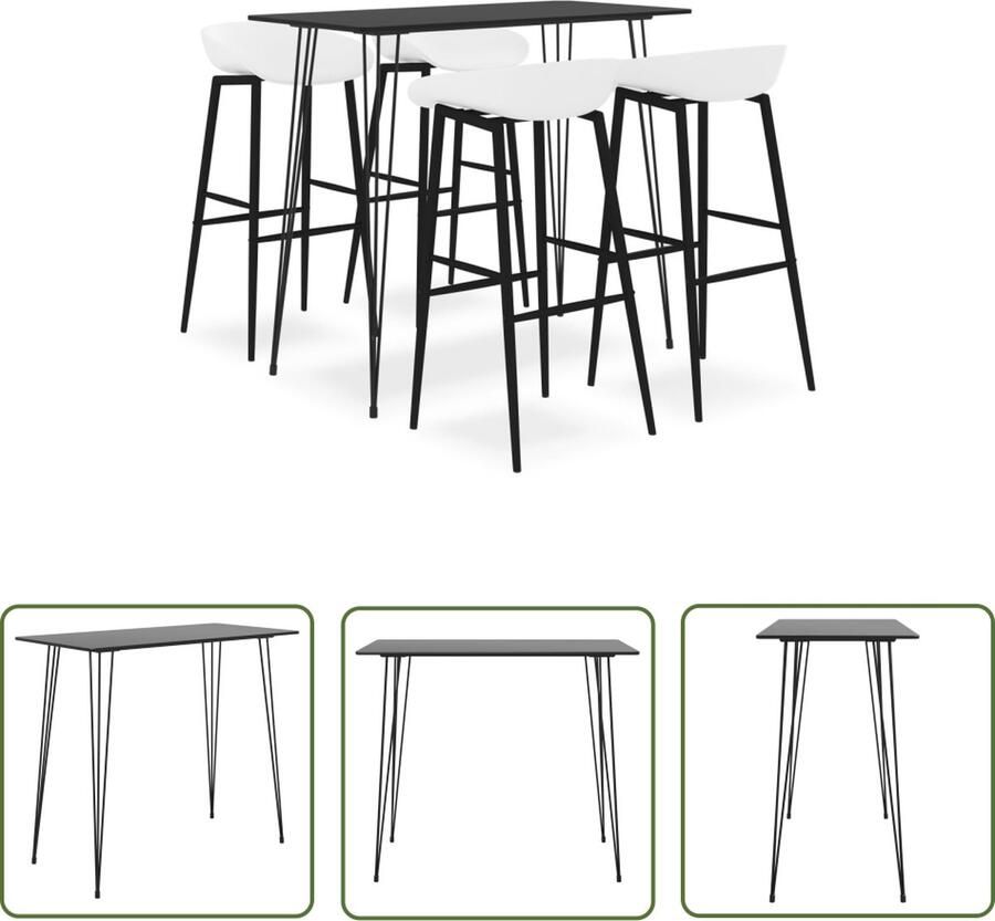The Living Store Barset Bartafel 120x60x105 cm en 4 Barkrukken 48x47.5x95.5 cm Zwart Wit MDF Metaal PP Lage Rugleuning Montage Vereist