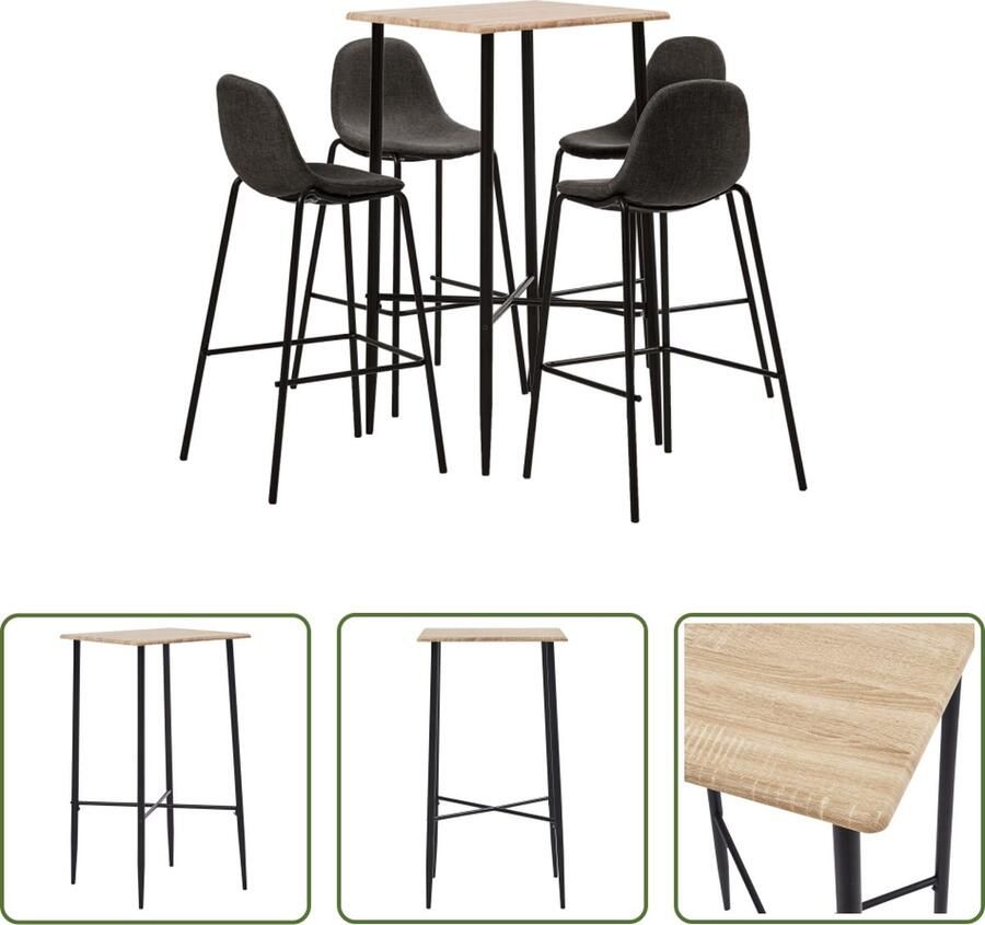 The Living Store Barset Cameron Bartafel en 4 Barstoelen Eiken Donkergrijs 60x60x111cm 51x49x99cm Ergonomisch Polyester