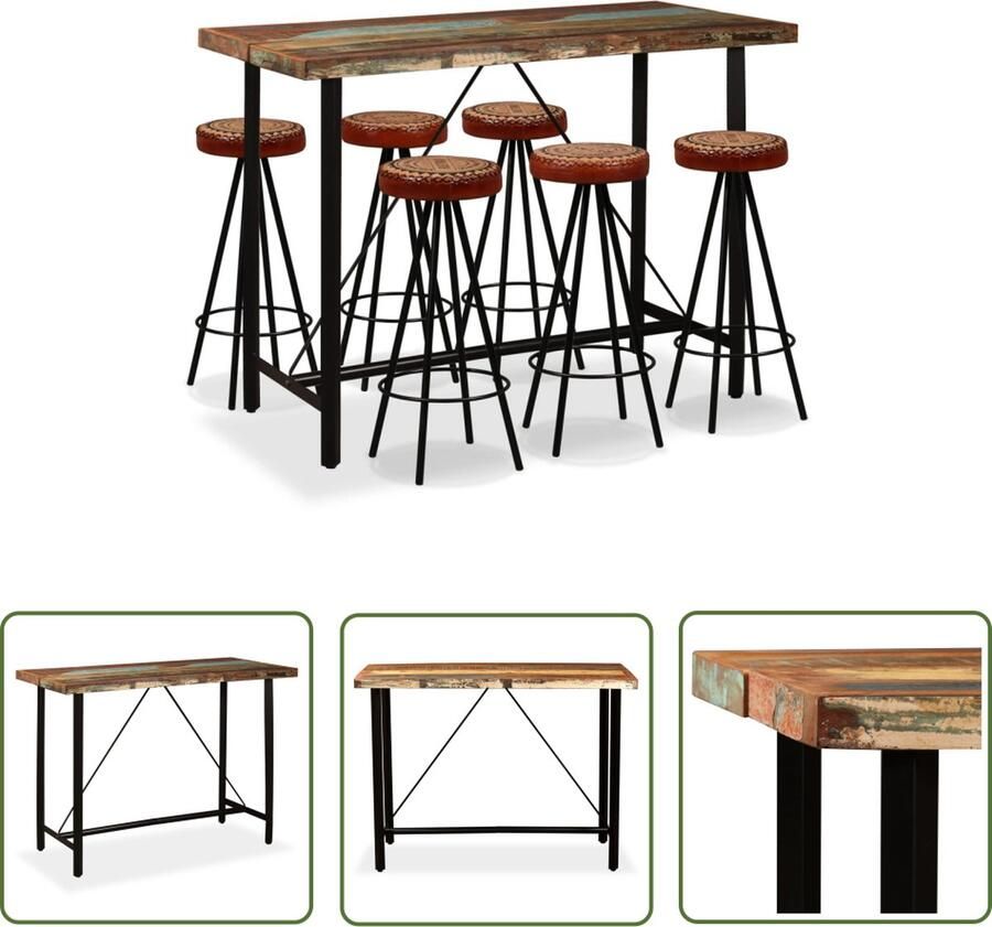 The Living Store IndustriÃle Bartafelset Massief gerecycled hout 150 x 70 x 107 cm 6 barkrukken Bartafel Industrieel Design Houten Bartafel Barstoel Barkruk - Foto 2