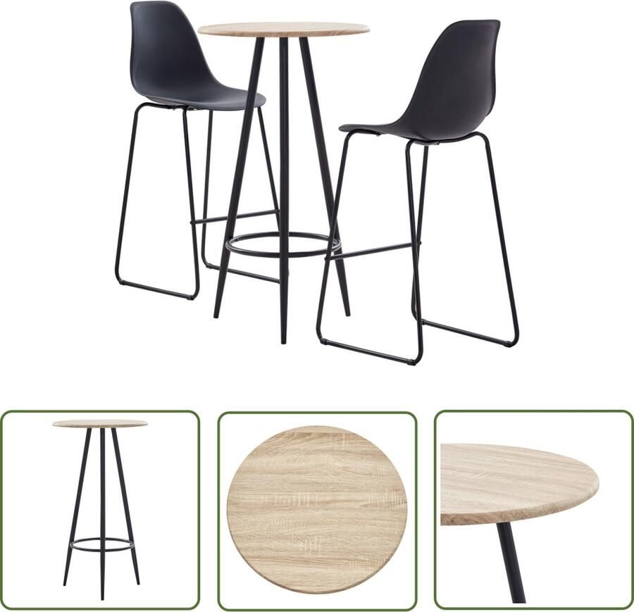 The Living Store Barset Moderne bartafelset 60 x 107.5 cm eiken MDF Set van 2 barstoelen zwart kunststof zitting