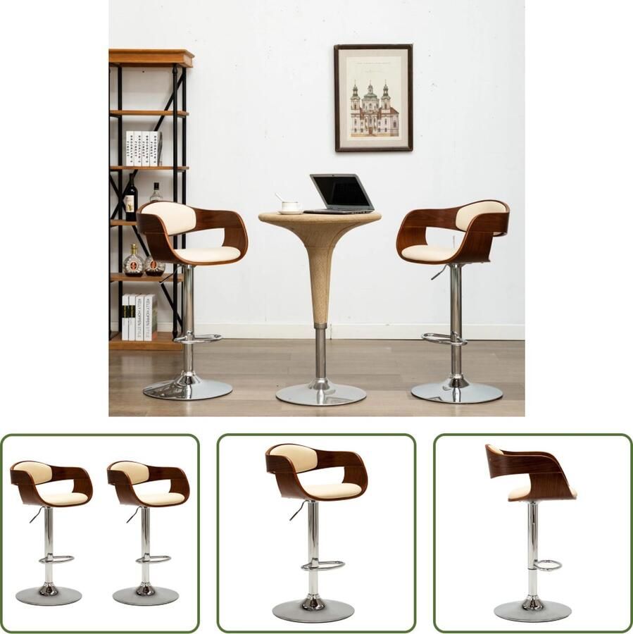 The Living Store Barstoel Set van 2 49.5x50.5x(87-108)cm Crème en bruin Gebogen hout en verchroomd metaal Kunstleer Barstooll Krukken Eetkamerstoelen Barstoelen Set Lounge Stoel - Foto 4