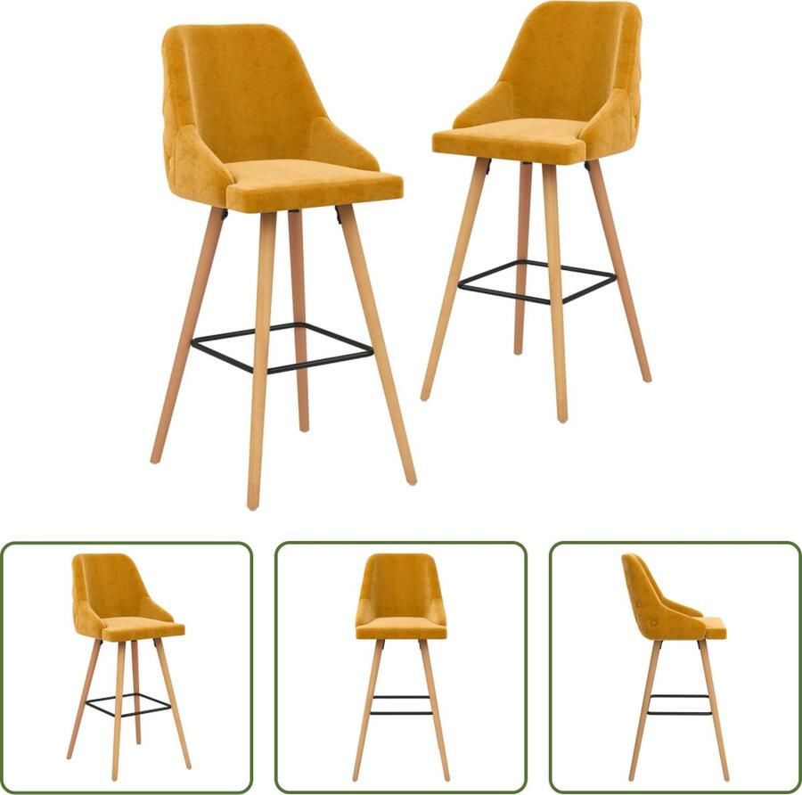 The Living Store Barkrukken 2 st fluweel geel Barstoel Velvet Geel Houten Stoel Lounge Stoel - Foto 3