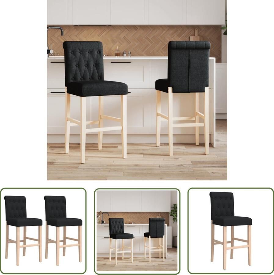 The Living Store Barstoel Zwart Set van 2 100% Polyester Massief Rubberhout 44 x 54 x 112 cm