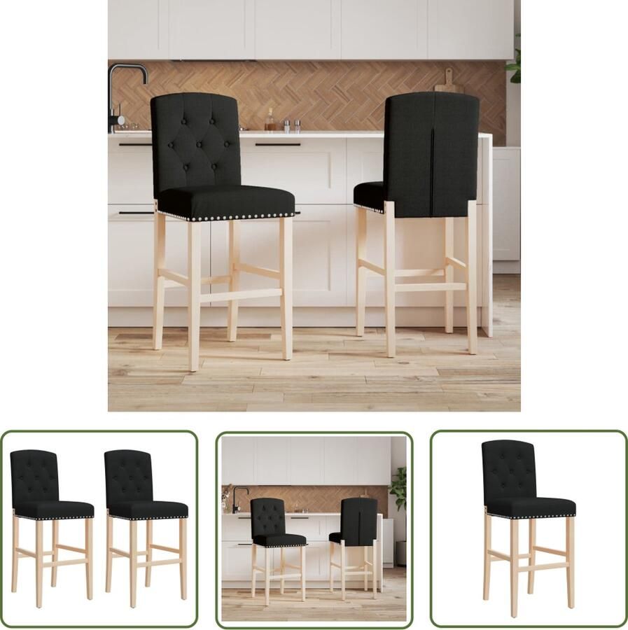 The Living Store Barkruk Set van 2 Zwarte Rubberhouten Ontbijtstoelen 43.5 x 52 x 114 cm Met Voetensteunen Barstoel Barkruk Zwarte Barstoel Rubberhouten Barstoel Eetkamerstoel