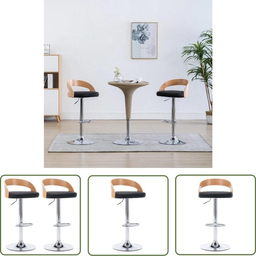The Living Store Barstoelenset Modern ontwerp Kunstleren zitting Gebogen hout en metaal Verstelbaar Zwart en lichtbruin 46.5 x 45 x (80-100.5) cm Barstoel Eetkamer Stoel Lounge Stoel Zwarte Barstoel Bruine Barstoel - Foto 3