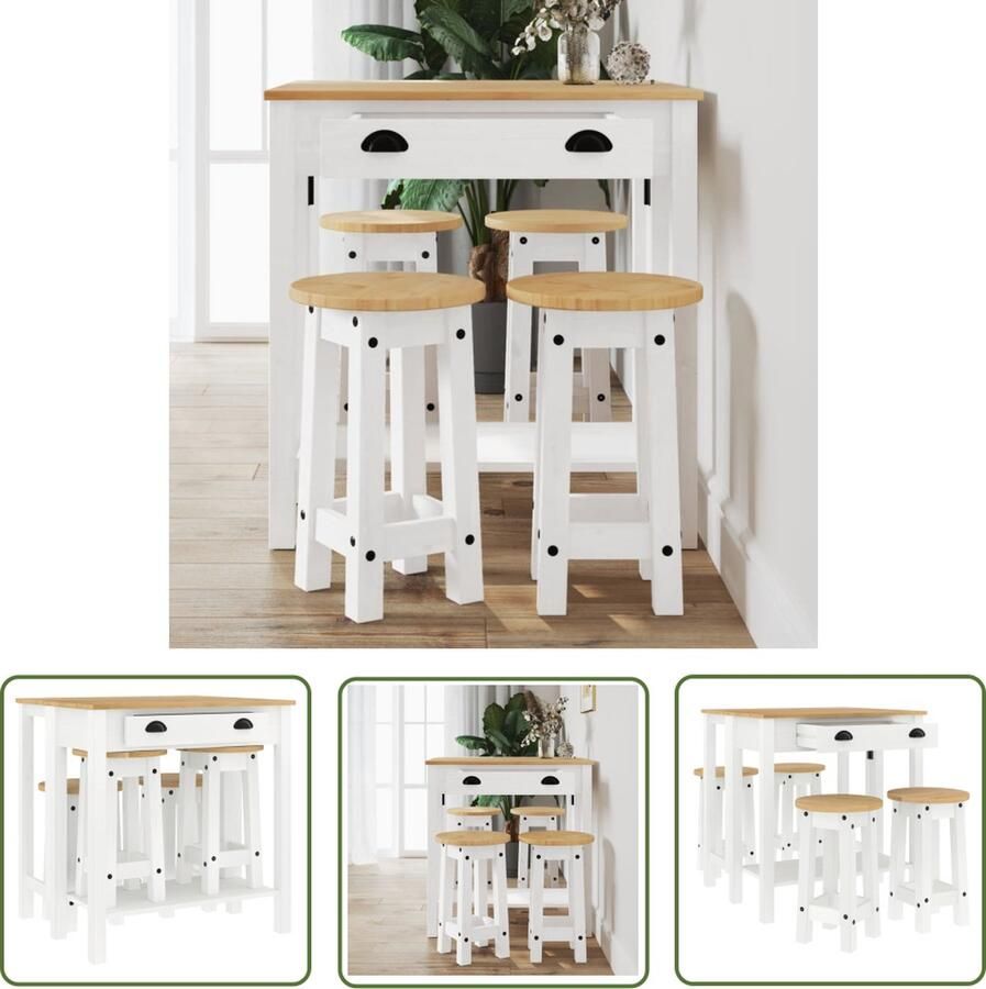 The Living Store Bartafel Grenenhout Wit 80x36-72x84 cm Inklapbaar Tafelblad 4 Barkrukken Praktisch Ontwerp