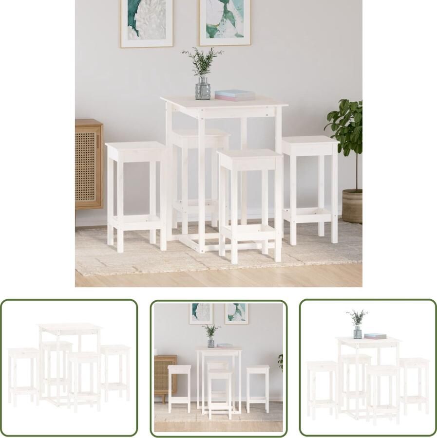 The Living Store Bartafel Grenenhout Wit 80x80x110 cm Inclusief 4 barkrukken Bartafel Houten Bartafel Barset Granenhout Meubilair Bistro Tafeltje