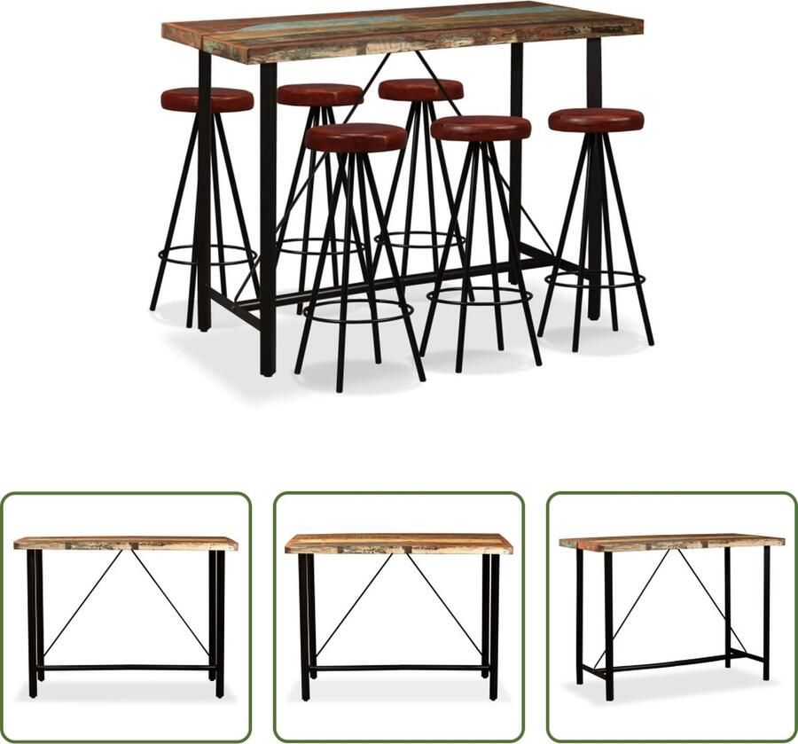 The Living Store Bartafel IndustriÃle Stijl 150 x 70 x 107 cm Massief gerecycled hout en staal Bruin en zwart 6 barkrukken Eenvoudig te monteren Bartafel Industrieel Meubilair Bruine Bartafel Leren Barkruk Eetkamerstoel