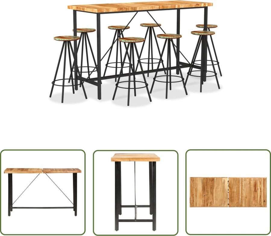 The Living Store Bartafel Massief Acaciahout en Staal 180 x 70 x 107 cm IndustriÃle Uitstraling Inclusief 8 Barkrukken