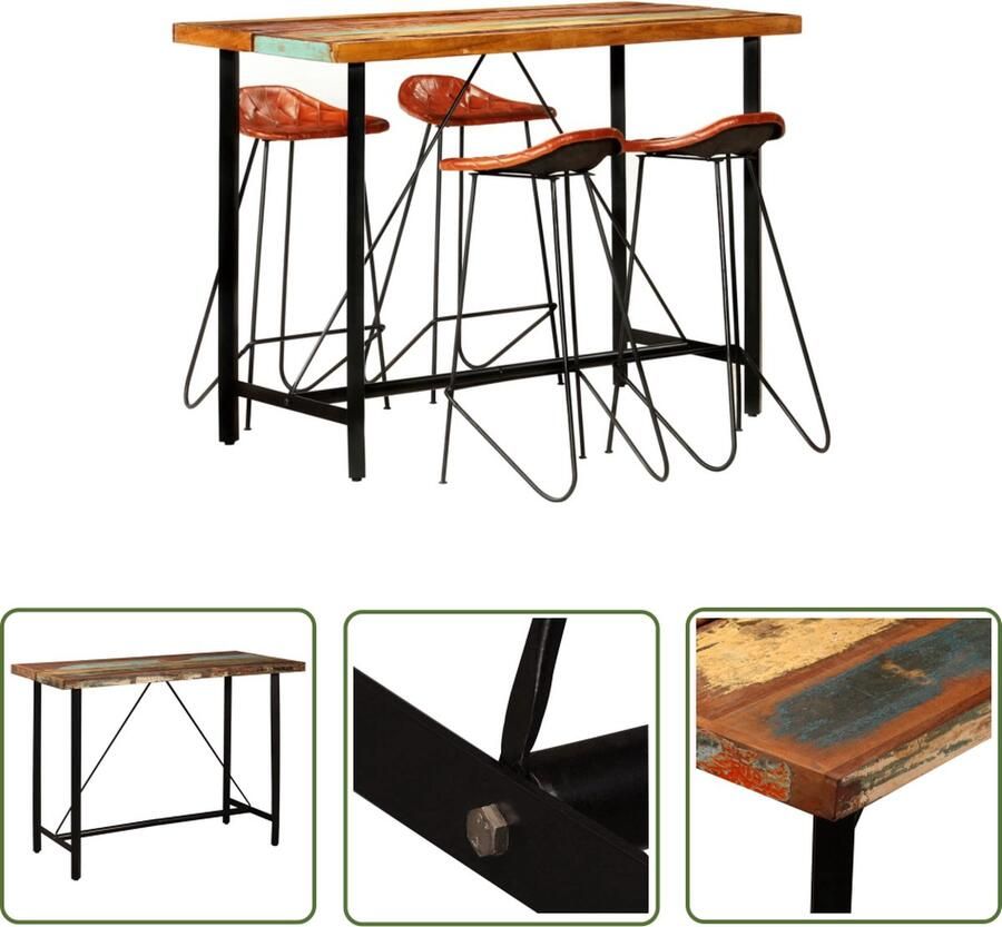 The Living Store Bartafel Vintage Industrieel 150x70x107 cm Massief gerecycled hout en staal Echt lederen stoelen Bruin en zwart 4 stuks Bartafel Industrieel Meubilair Vintage Meubels Houten Bartafel Lederen Barkrukken