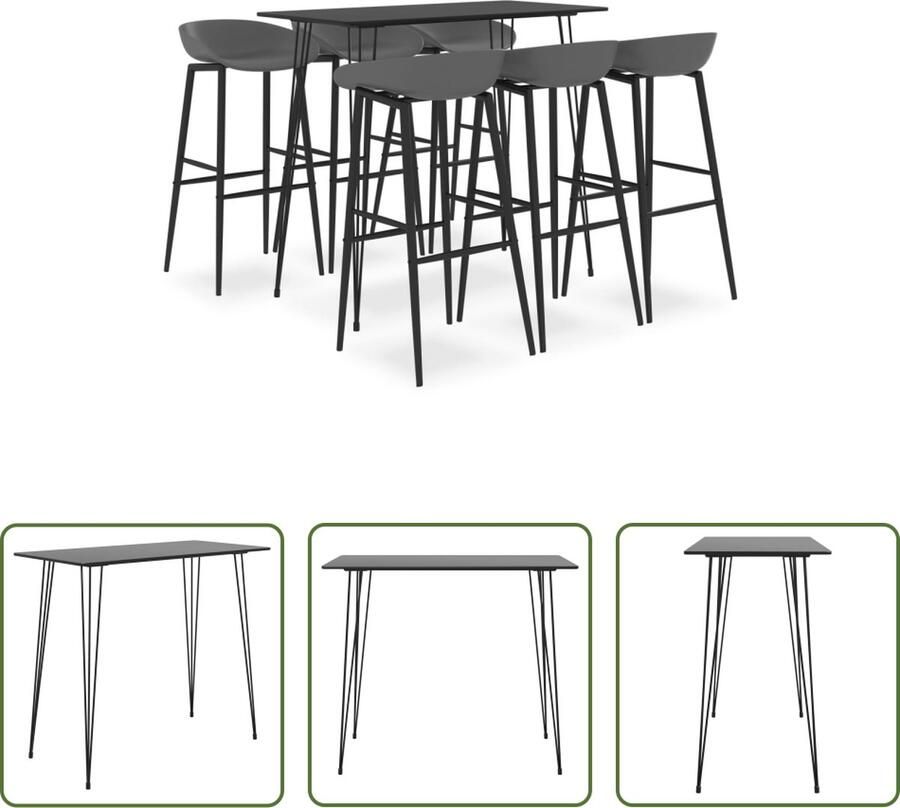 The Living Store Bartafel Zwart MDF en Metaal 120 x 60 x 105 cm Inclusief 6 Barkrukken Grijs PP en Metaal 48 x 47.5 x 95.5 cm