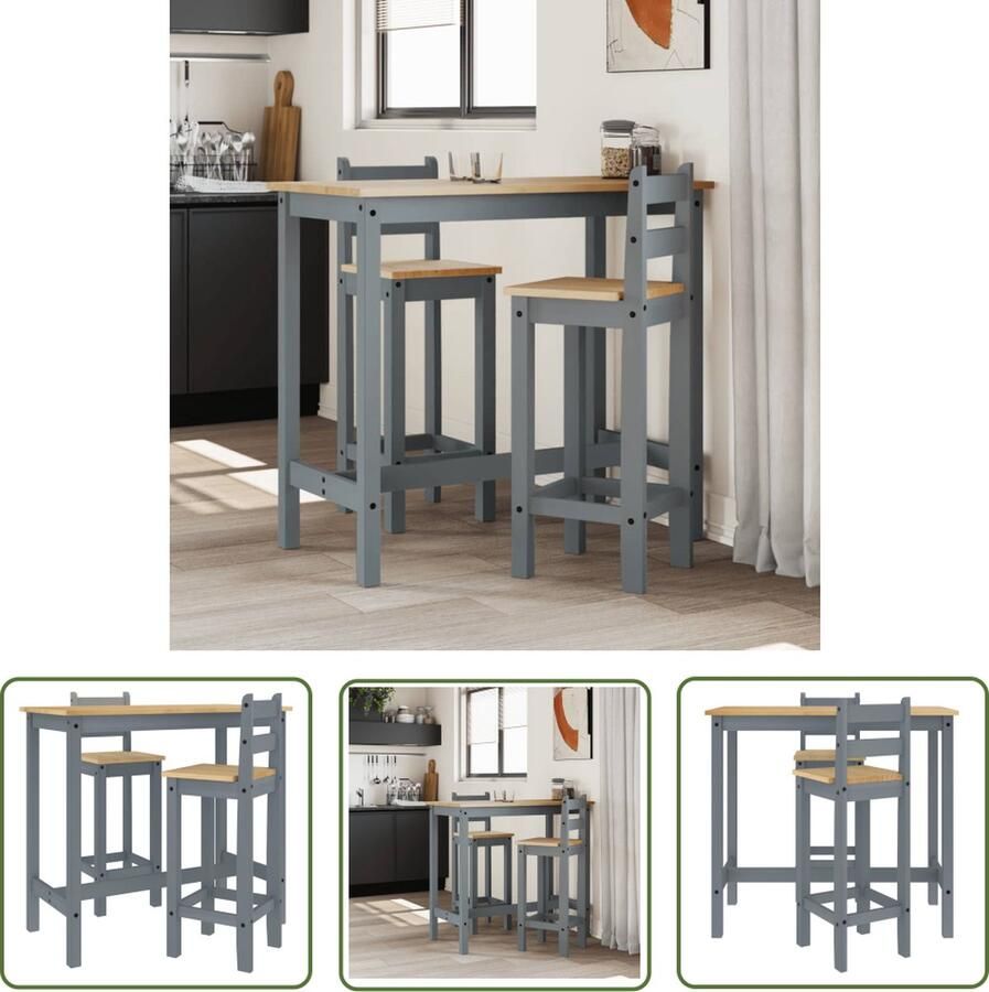 The Living Store Bartafelset Massief Grenenhout Rustieke Uitstraling Grijs 112 x 57 x 101 cm Set van 1 tafel en 2 stoelen Bartafel Barstoelen Grenoblehouten Meubels Rustic Style Vintage Meubilair