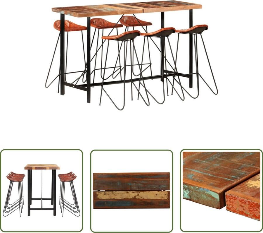 The Living Store Bartafelset Meerkleurig massief gerecycled hout en staal 150 x 70 x 107 cm Echt geitenleer 6 leren stoelen Bartafel Houten Bartafel Industriele Meubels Vintage Meubels Geitenleer