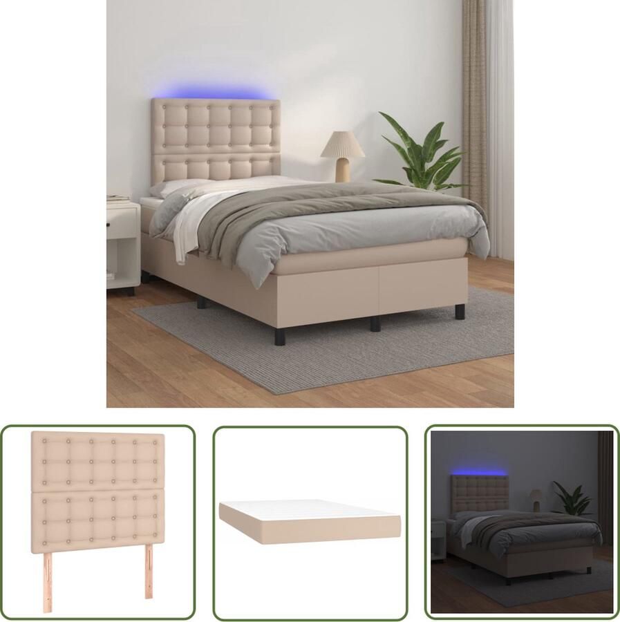 The Living Store Boxspring met matras en LED kunstleer cappuccinokleur 120x200cm Boxspring Kapstok Lederlook Led Lamp Tweepersoonsbed