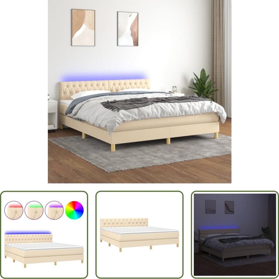 The Living Store Bed Crème 203 x 160 x 78 88 cm Verstelbaar hoofdbord Kleurrijke LED-verlichting Pocketvering matras Huidvriendelijk topmatras Inclusief montagehandleiding Boxspring Bed Frame Lederen Bed Creme Bed Led Lampen