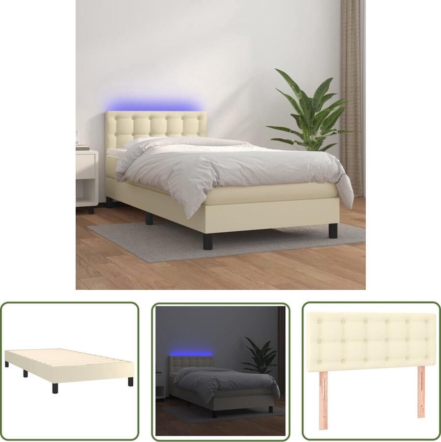 The Living Store Bed Crème Kunstleer 203 x 100 x 78 88 cm Verstelbaar hoofdbord LED-verlichting Pocketvering matras Huidvriendelijk topmatras Boxspring Lederlook Bed Hoofdbord Verstellen Led Lampje Pocketveer Matras - Foto 2