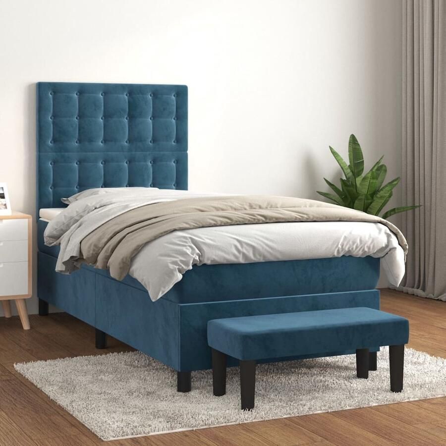 The Living Store Bed Donkerblauw Fluweel 203x90x118 128 cm Pocketvering Matras 90x200x20 cm Topmatras 90x200x5 cm Bank 70x30x30 cm Boxspring Tweepersoonsbed Donkere Kleuren Velvet Bed Pocketed Spring Mattress