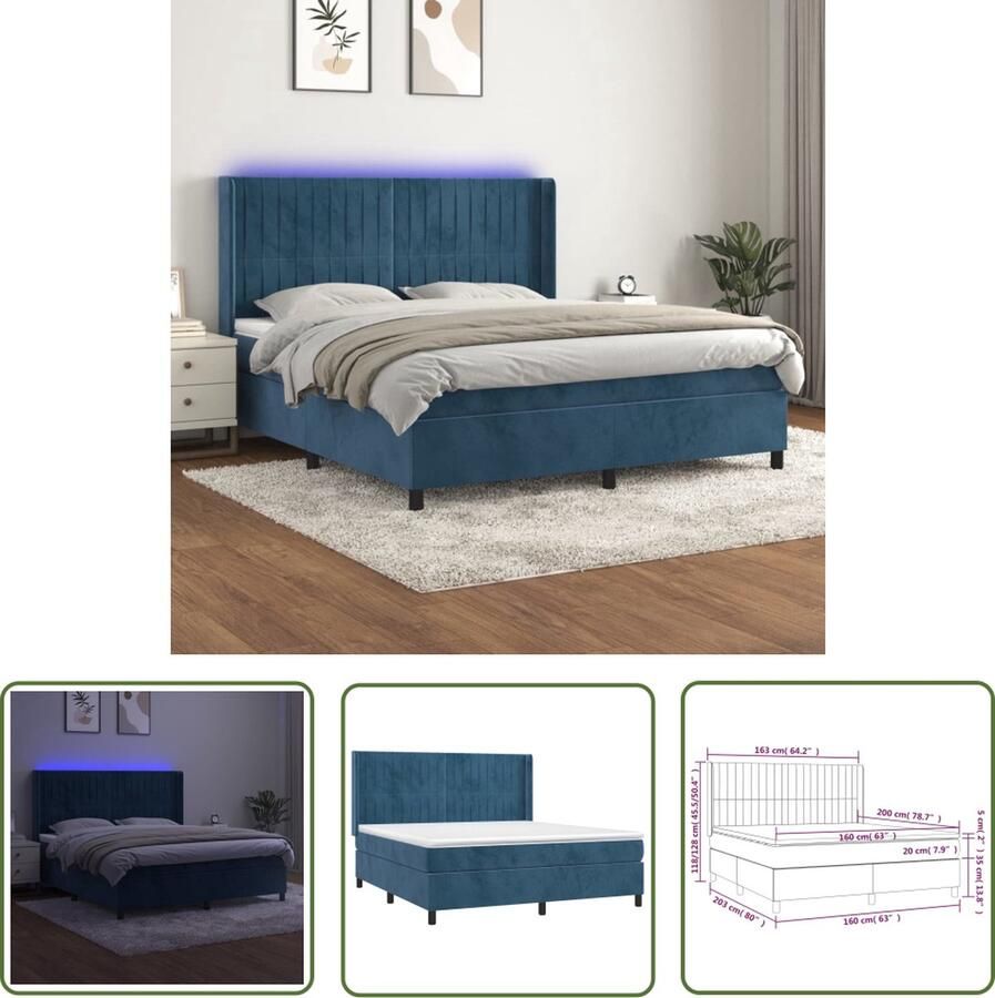 The Living Store Bed Donkerblauw Fluwelen Boxspring 203 x 163 x 118 128 cm Incl Matras Topmatras LED Boxspring Donkere Kleuren Velvet Bed Led Lampen Slaapcomfort