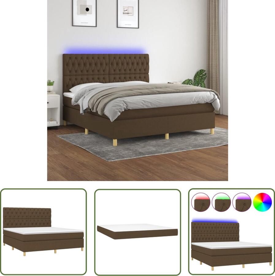 The Living Store Bed Donkerbruin Stof 203x160x118 128 cm Verstelbaar hoofdbord Kleurrijke LED-verlichting Pocketvering matras Huidvriendelijk topmatras Montagehandleiding inbegrepen USB-aansluiting Excl 5 V USB-adapter