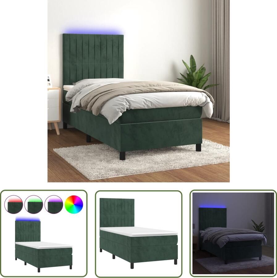 The Living Store Boxspring met matras en LED fluweel donkergroen 100x200 cm Boxspring Fluweel Bed Donkere Kleuren Led Lampen Pocketed Veren - Foto 2